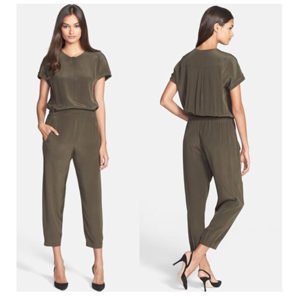 Vince 100% Silk Short Sleeve Jumpsuit, 10, Olive Hunter Green - Picture 1 of 13
